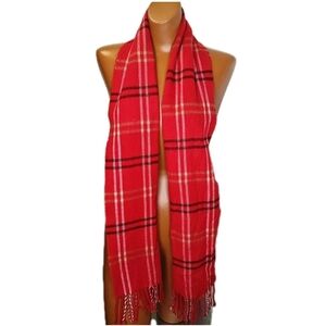 Cejon Italian Acrylic Fringed Long Neck Scarf Red Tartan Plaid Holiday Ski 11/62